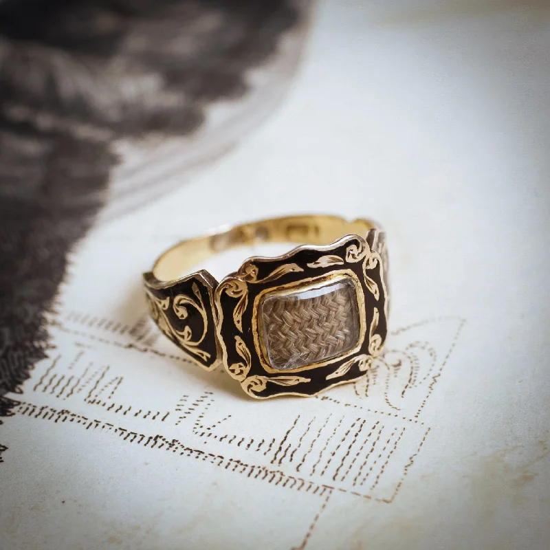 Picturesque Antique Floral Black Enamelled Mourning Ring