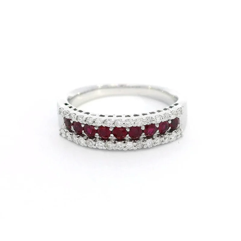 14K White Gold Round Rubies Band Ring