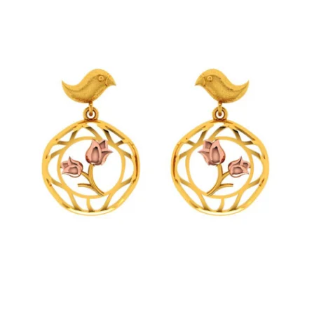 Gold Earrings With A Cute Bird And Floral Design