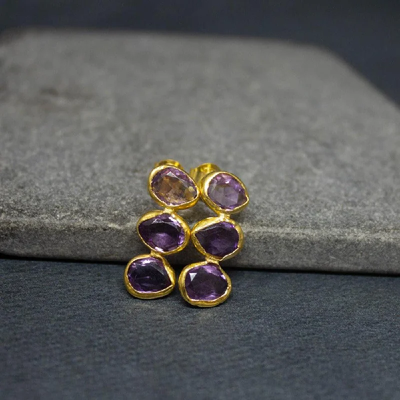 Gold Triple Faceted Amethyst Organic Stud Earrings