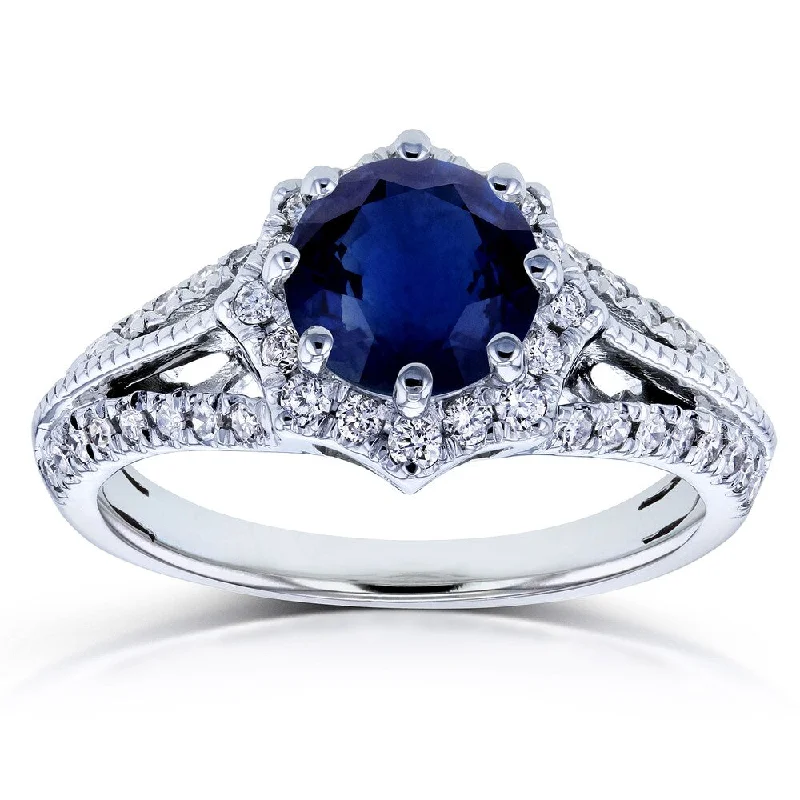 Annello by Kobelli 14k White Gold Blue Sapphire and 1/3ct TDW Diamond Star Halo Engagement Ring (H-I, I1-I2)