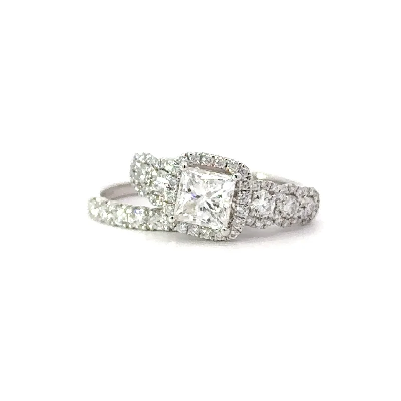 Princess Cut Moissanite and Diamond Engagement Ring with Matching Band