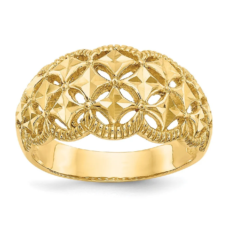 14k Yellow Gold Diamond-cut Scalloped Edge Pattern Dome Ring