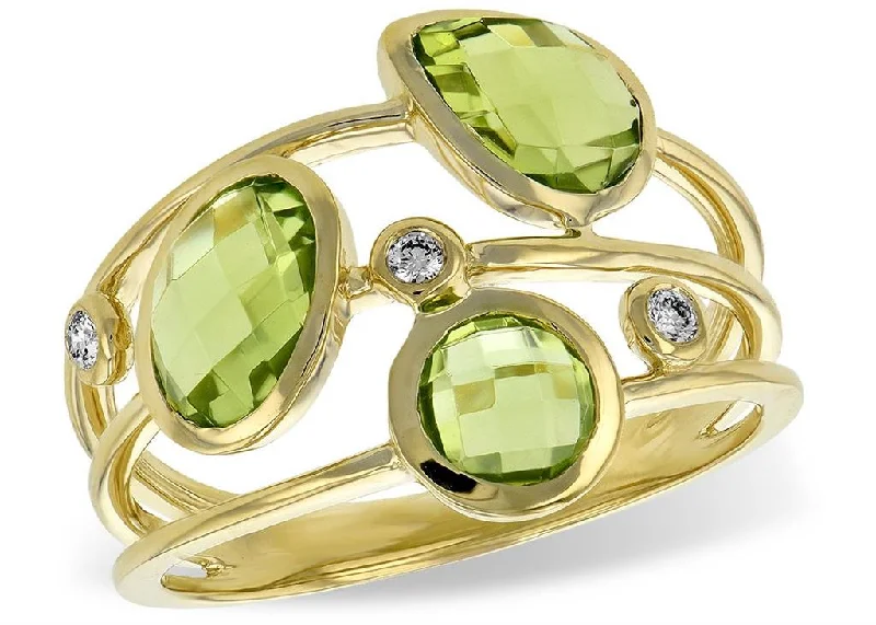 14K Yellow Gold Multi-Row Peridot And Diamond Fashion Ring