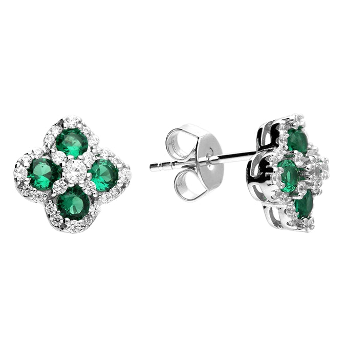 Sterling Silver Cubic Zirconia Green White Clover Stud Earrings