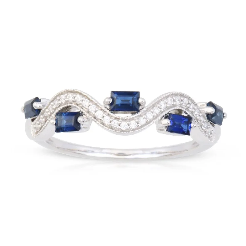 Baguette Shape Sapphire Gemstone 1/20ct TDW Diamond Band in 10k White Gold