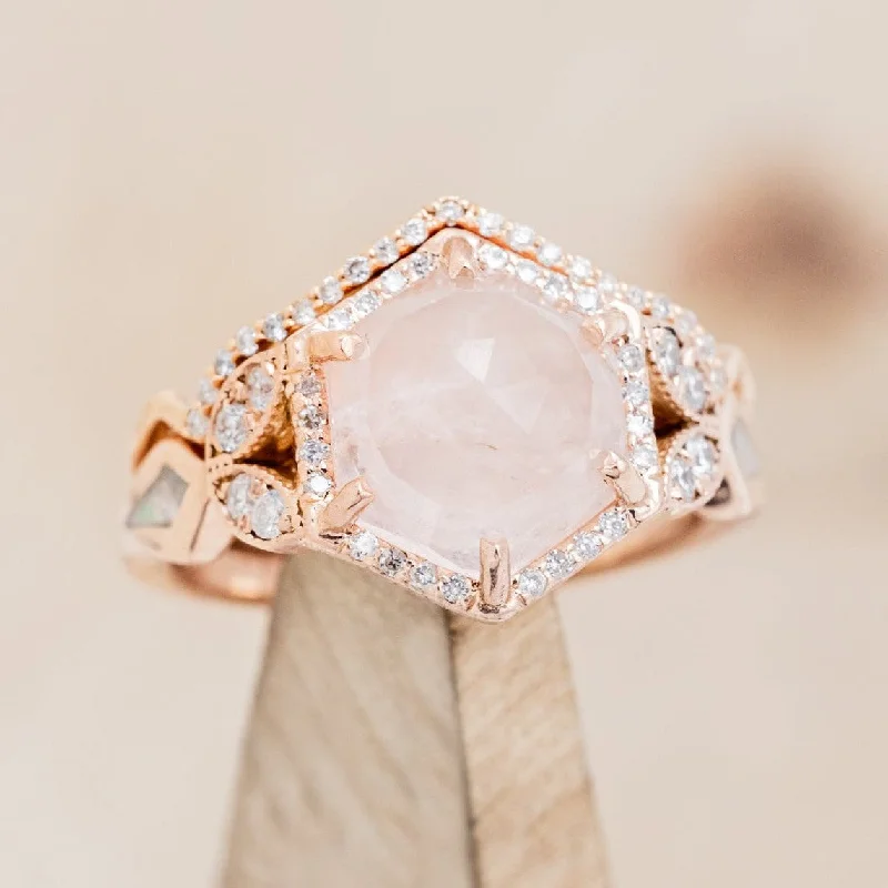 "LUCY IN THE SKY" - FACETED HEXAGON CUT ROSE QUARTZ RING WITH DIAMOND ACCENTS, MOTHER OF PEARL INLAYS & A DIAMOND TRACER