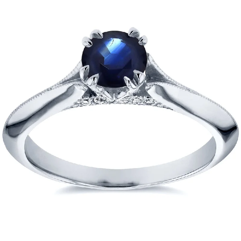 Annello by Kobelli 14k White Gold Blue Sapphire and Diamond Accent Antique Floral Sleek Edged Engage