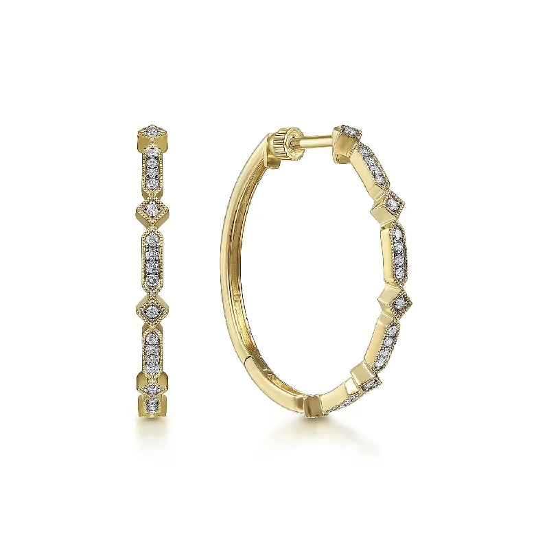 Deco Inspired 30mm Geometric Diamond Hoop Earrings in Yellow Gold, 0.20 cttw