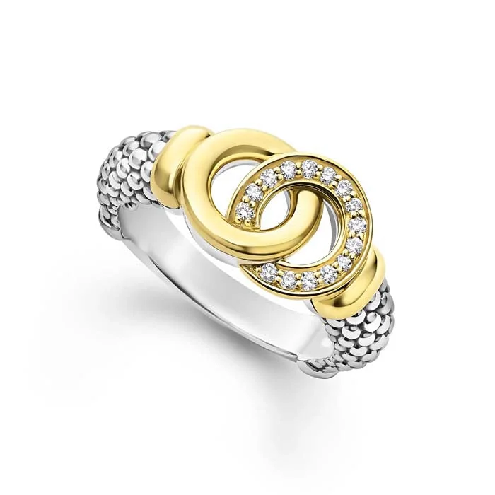 LAGOS Signaure Caviar Two Tone Interlocking Diamond Ring in Sterling Silver and 18K Yellow Gold, Size 7