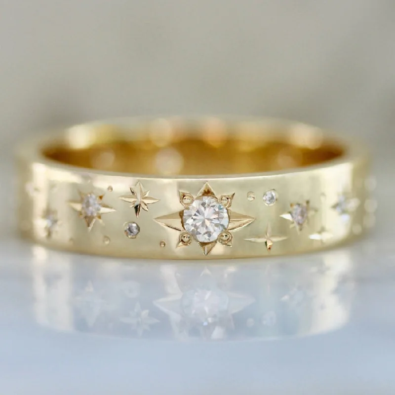 Super Moon Star Engraved Diamond Gold Band