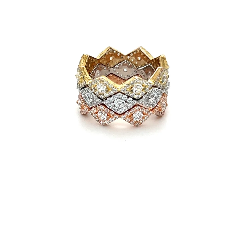 Rhombus Pave CZ's 3 Tone 3 Ring Set