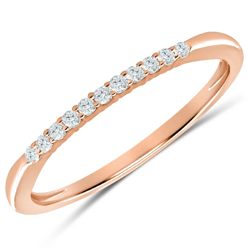 Delicate Rose Gold Diamond Anniversary Band with 11 Prong Set Diamonds, 0.10 cttw