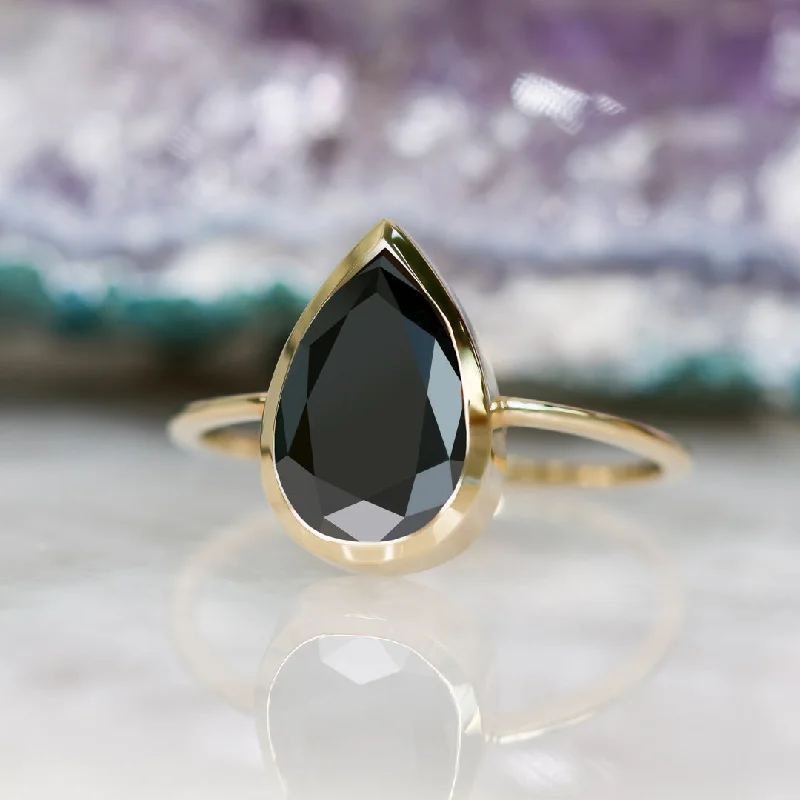 Lyra Bezel Natural Black Diamond Pear Cut Engagement Ring