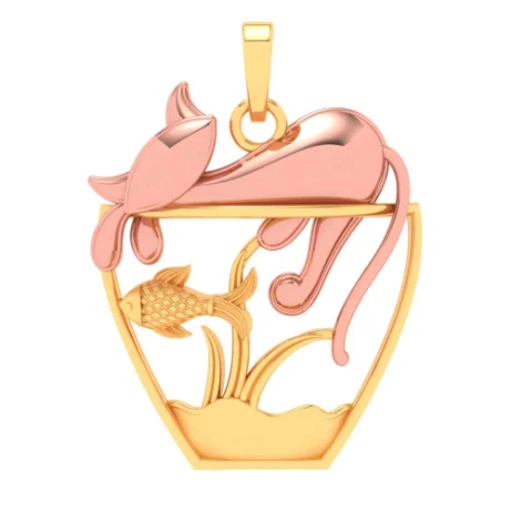 14k Fish Bowl Gold Pendant With A Yellow Gold Cat On Top From Amazea Collection