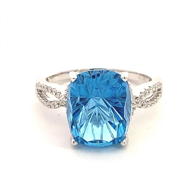 14K White Gold Classic Blue Topaz And Round Diamonds Ring