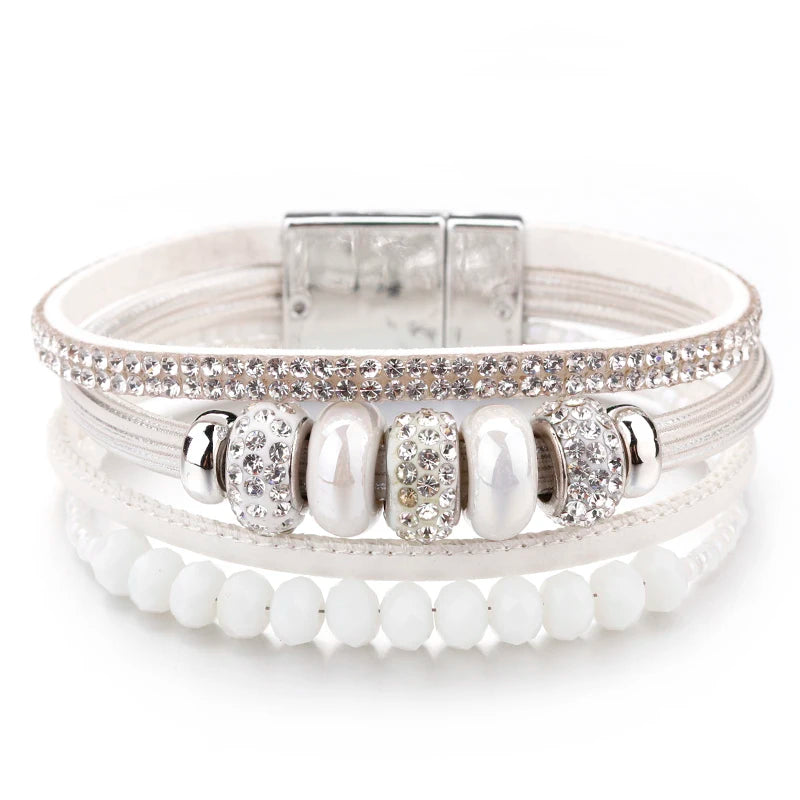 'Yiray' Beads and Rhinestones Cuff Bracelet - white