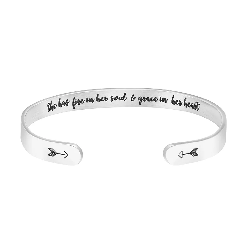 She Has Fire in Her Soul and Grace in Her Heart Hidden Message Cuff Bracelet