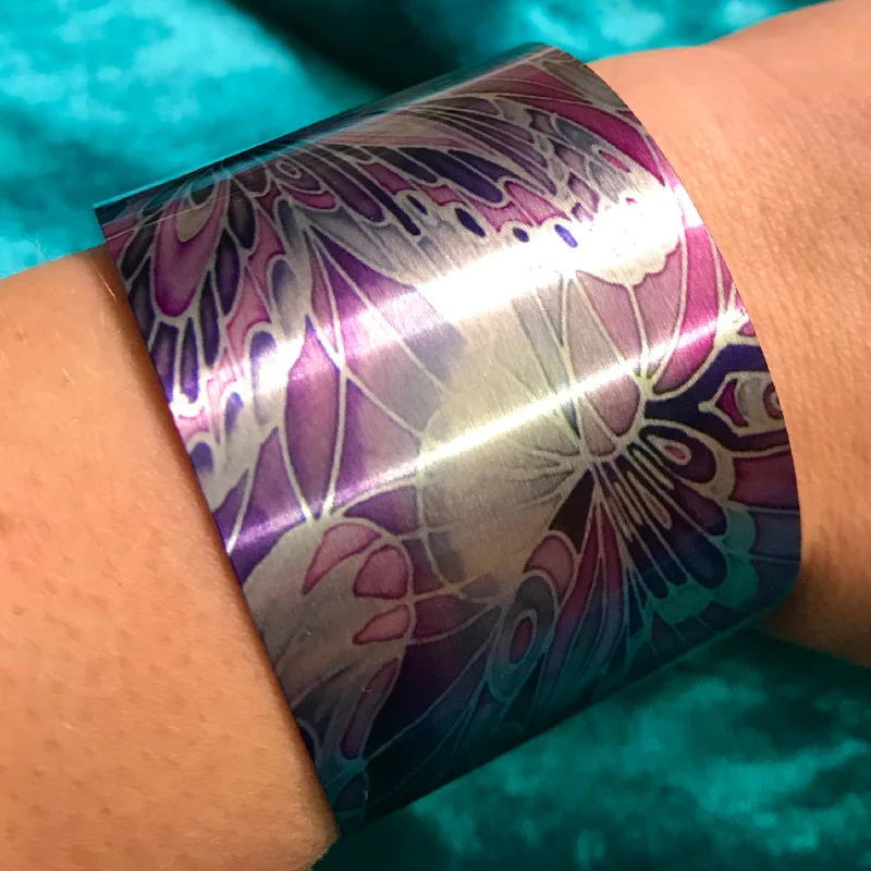 Pretty Purple Butterfly Statement Cuff Bracelet - easy wear lightweight aluminium.