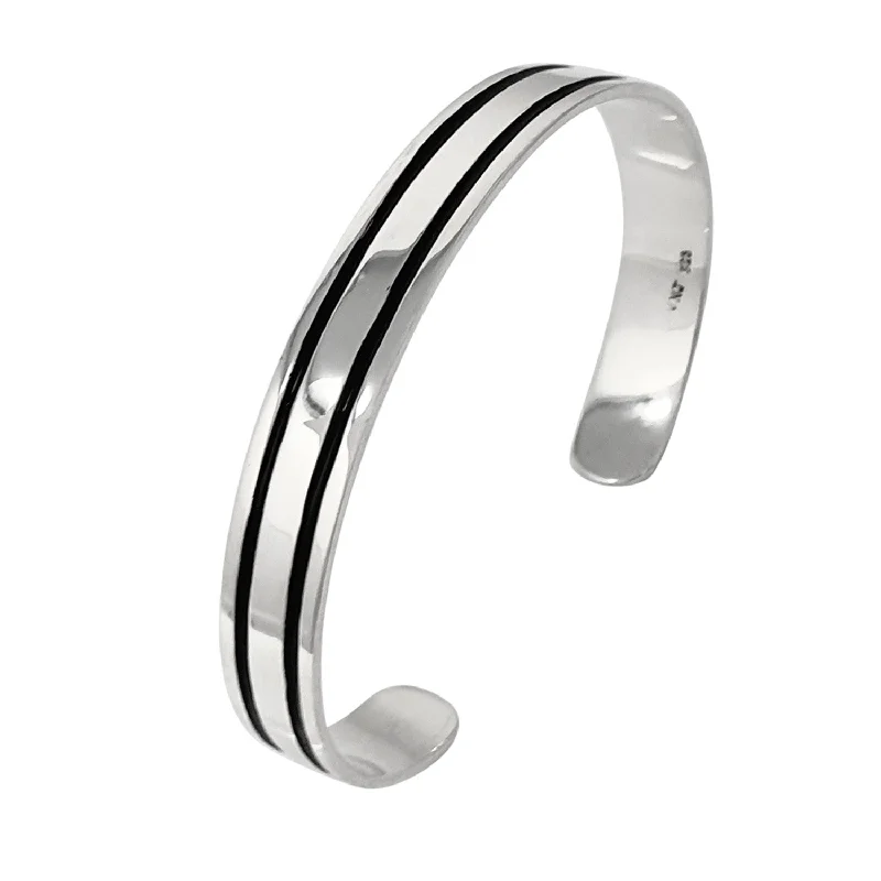 Sterling Silver Double Lines Cuff Bangle for Men