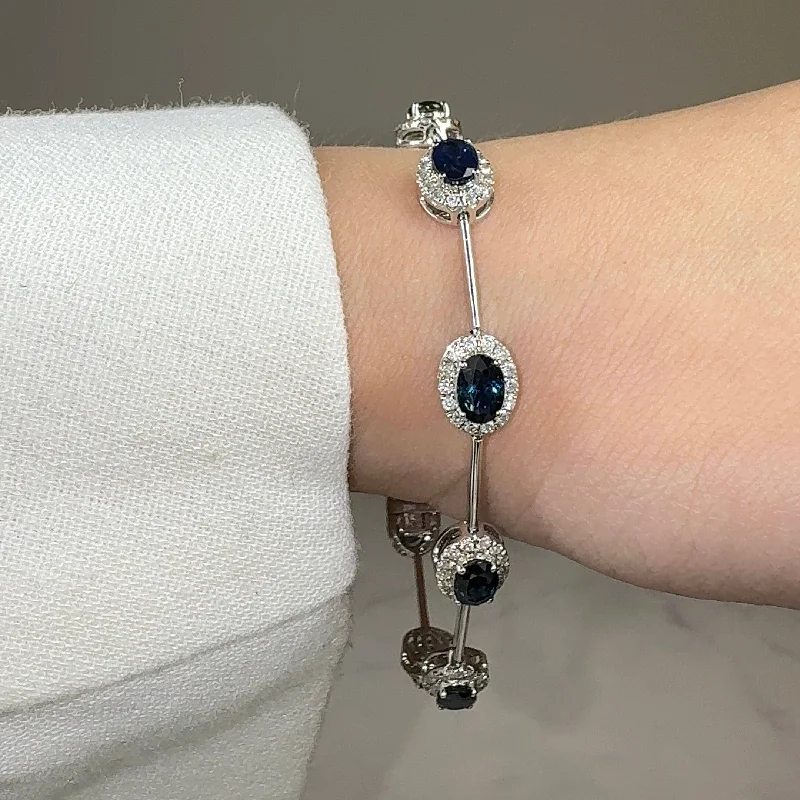 Oval Shape Sapphire Featuring Diamond Halo 18K White Gold Station Set Bracelet