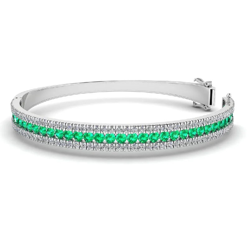 Round Brilliant 4.05 Carat Emerald and Diamond 3 Rows Bangle BAN1E