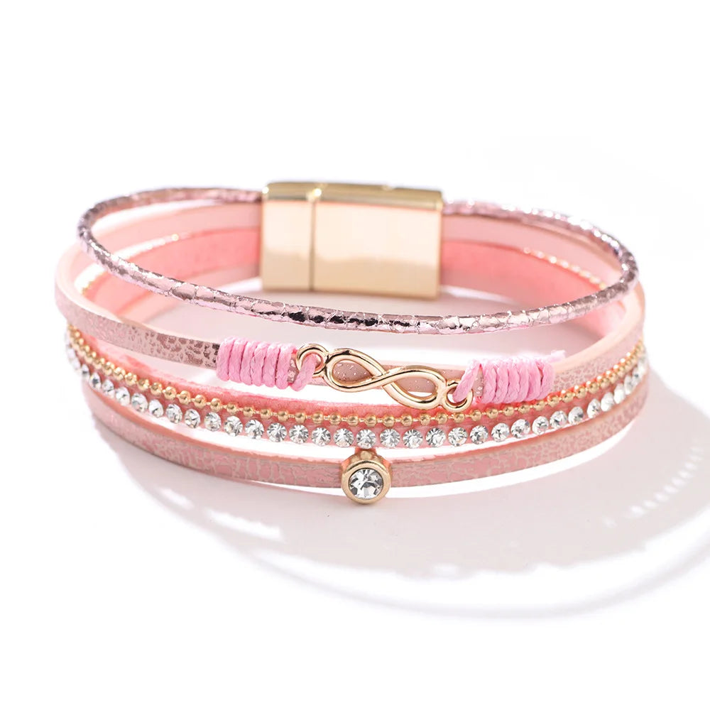 'Infinity' Charm & Rhinestones Cuff Bracelet - pink