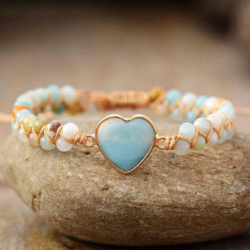 Amazonite Heart Charm Braided Bracelet