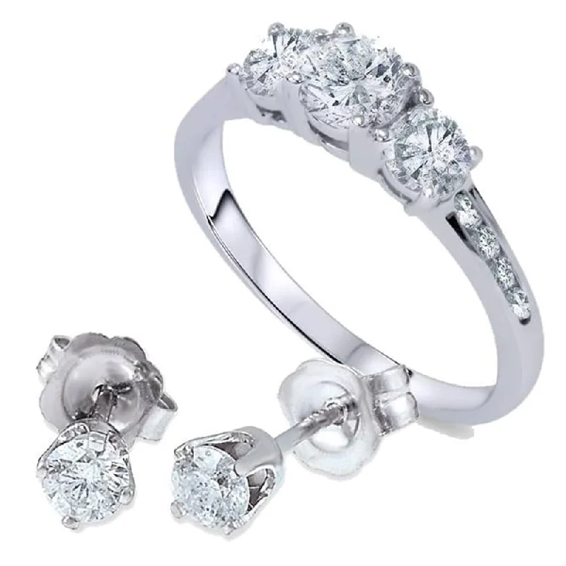 1 1/2ct 3 Stone Diamond Ring & Matching Studs White Gold