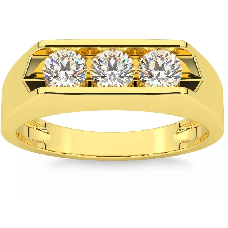 1 1/2ct Lab Grown Diamond Three Stone Mens Wedding Ring Yellow Gold