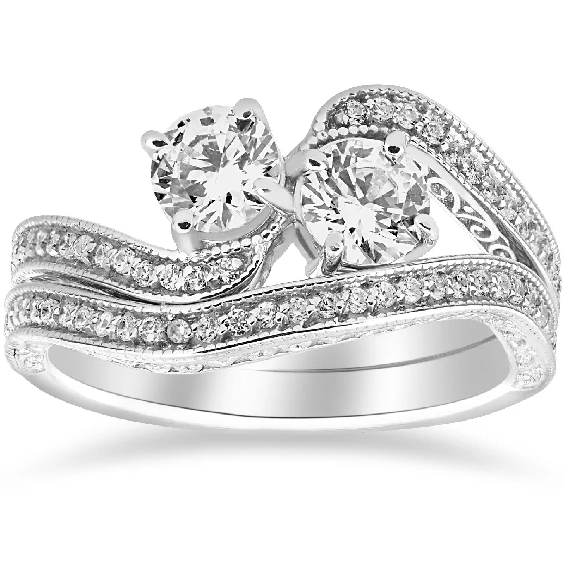 1 1/2ct Two Stone Forever Us Vintage Diamond Engagement Wedding Ring Set Whi