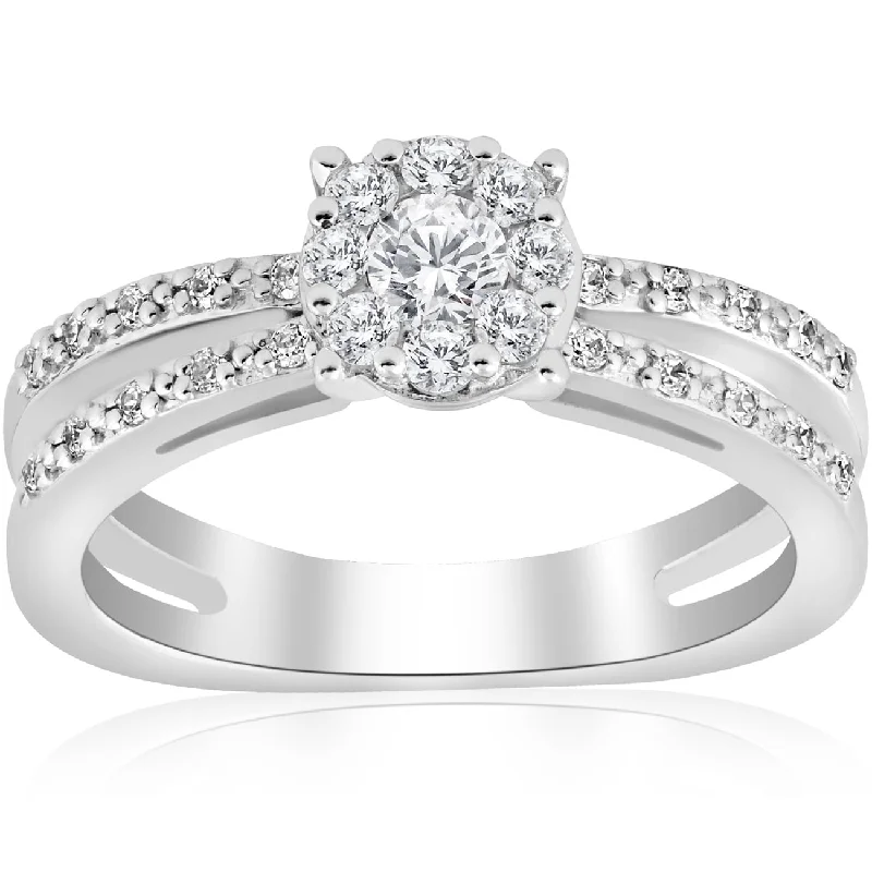 1/2ct Diamond Halo Split Shank Round Cut Engagement Ring White Gold