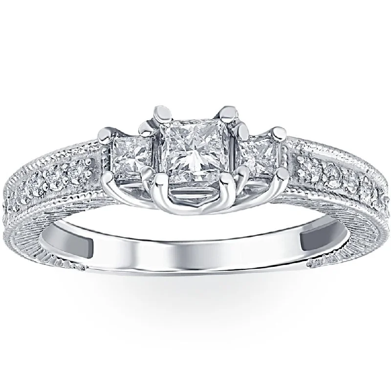 1/2ct Vintage Three Stone Princess Cut Diamond Engagement Ring White Gold