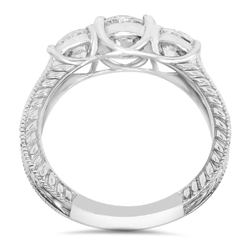 1 3/4ct Vintage Three Stone Round Diamond Engagement Ring White Gold