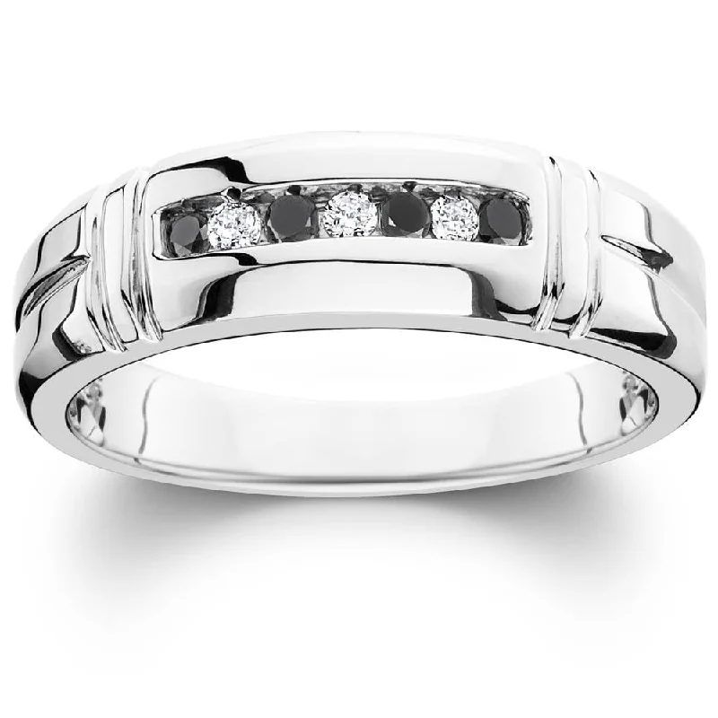 1/3ct Black & White Diamond Mens Wedding Ring White Gold