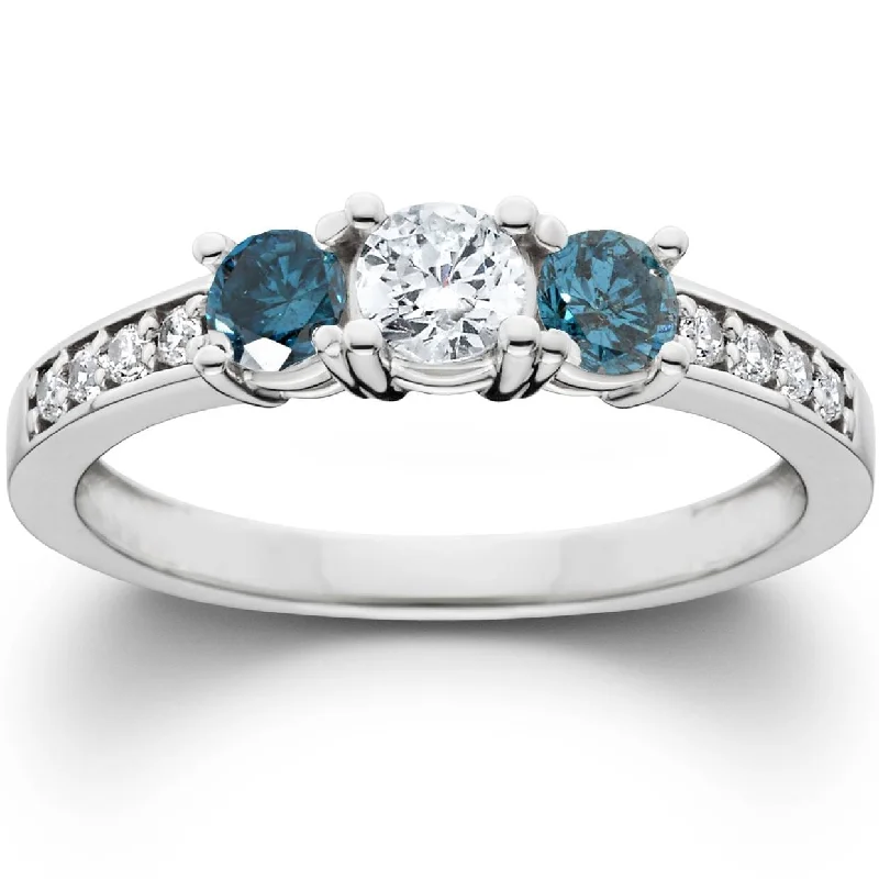 1ct Blue Diamond 3 Stone Engagement Ring White Gold