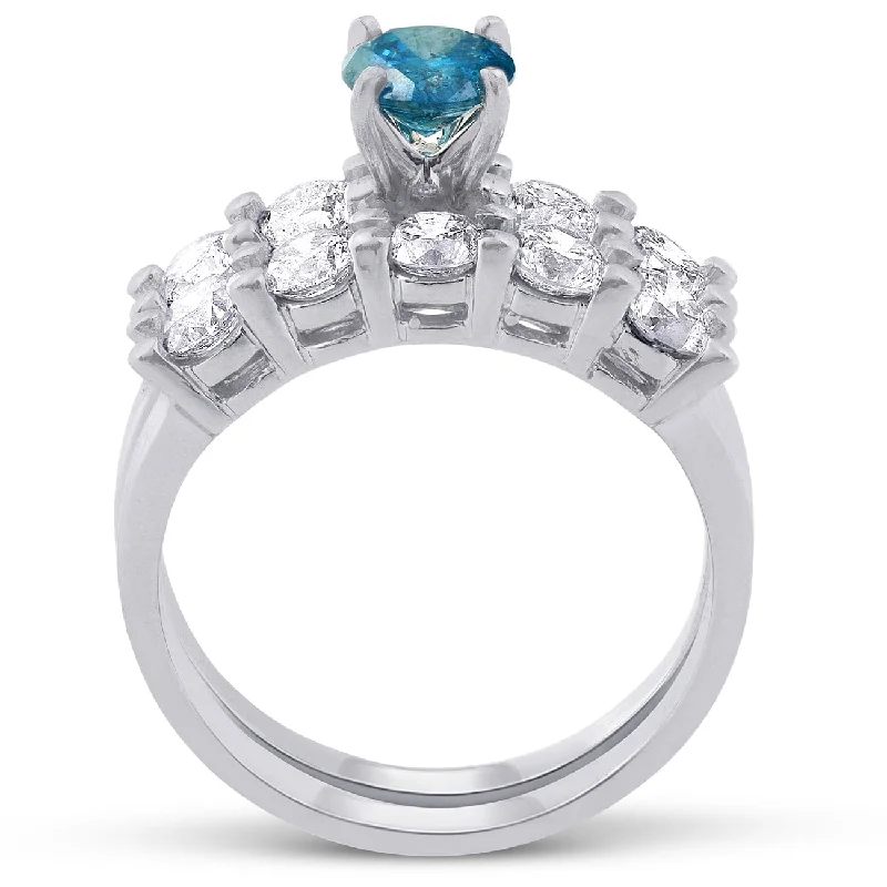 2 1/2ct Blue & White Diamond Engagement Ring Set White Gold