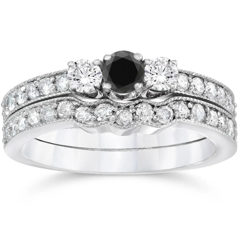 3/4ct Round Black Diamond Three Stone Wedding Engagement Ring Set White Gold