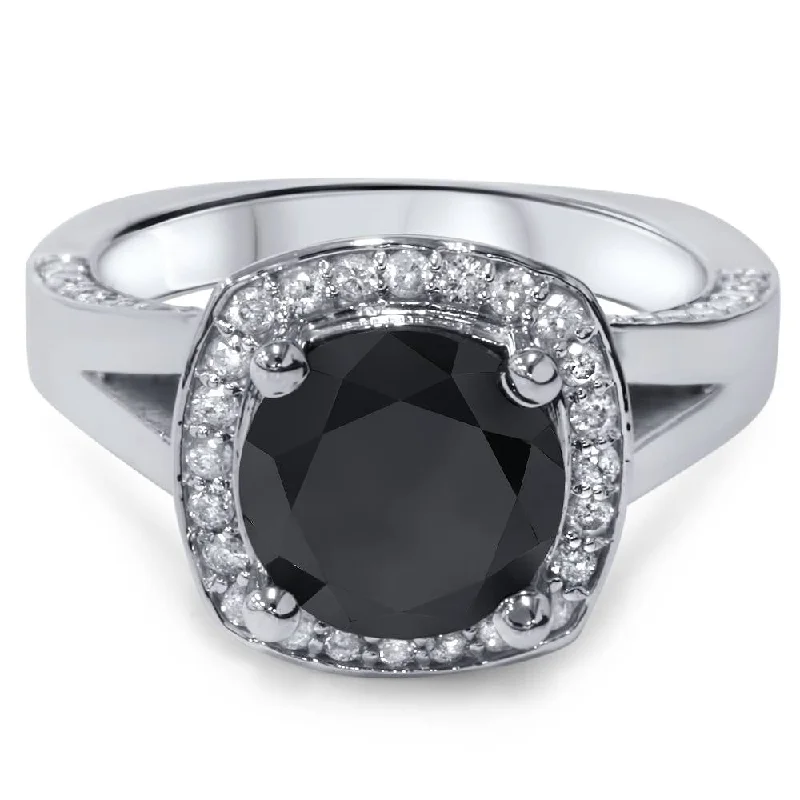 3 5/8 Ct Black Diamond Halo Split Shank Engagement Ring White Gold