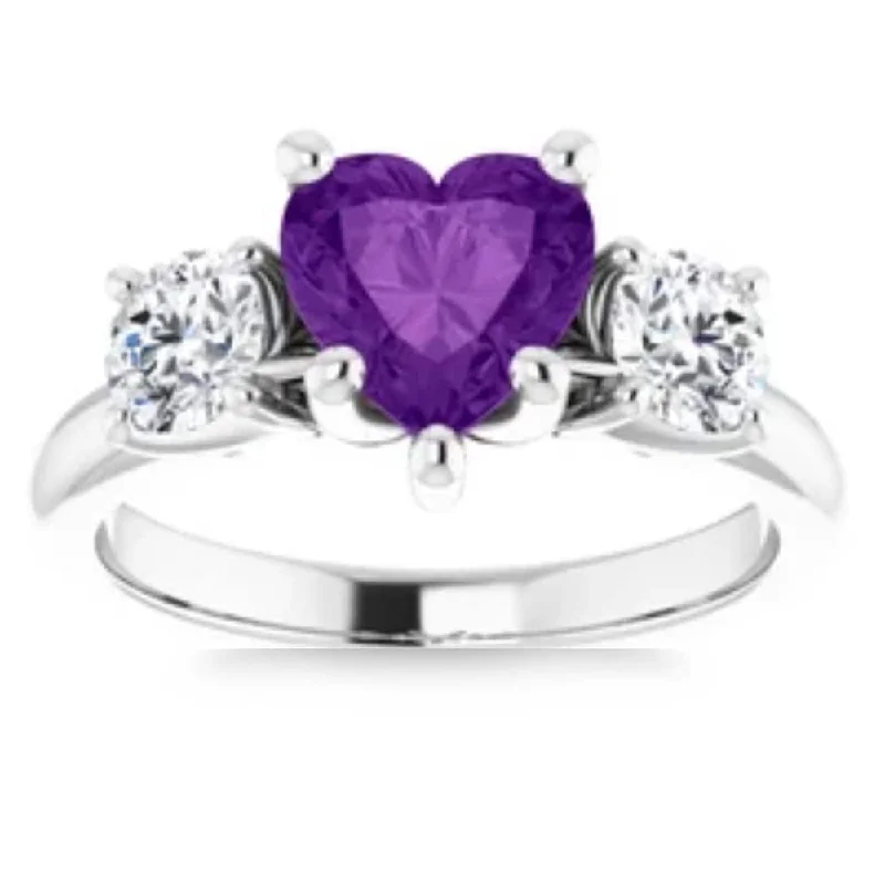 7mm Amethyst Three-Stone Diamond Heart Shape Ring in White or Yellow Gold