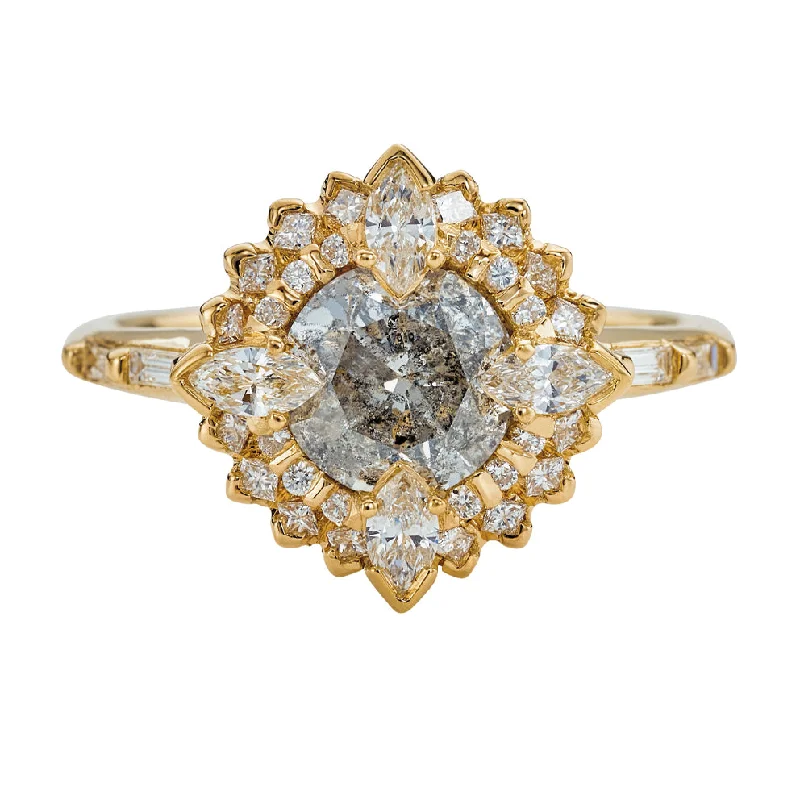 Golden Lotus Engagement ring with Grey and White Diamonds