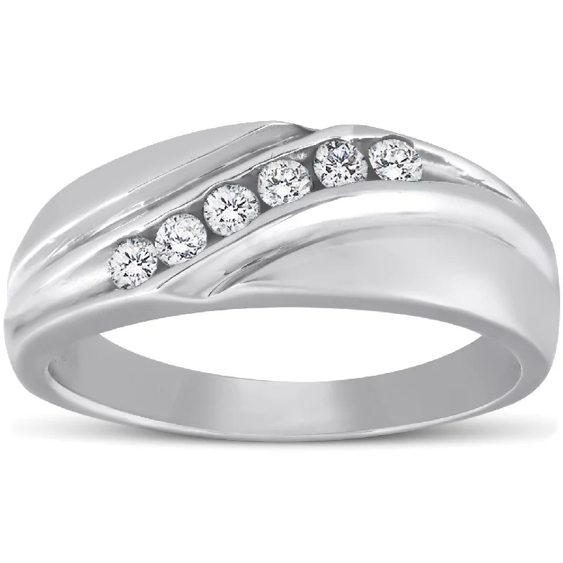 Mens White Gold 1/4ct Diamond Wedding Ring High Polished Smooth Band