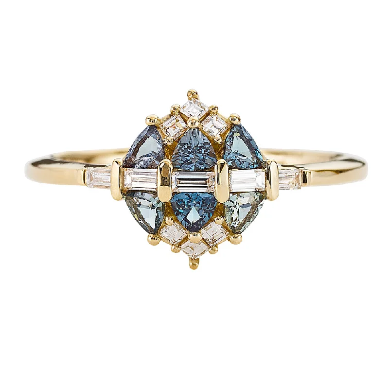 Teal Sapphire and Diamond Cluster Engagement Ring