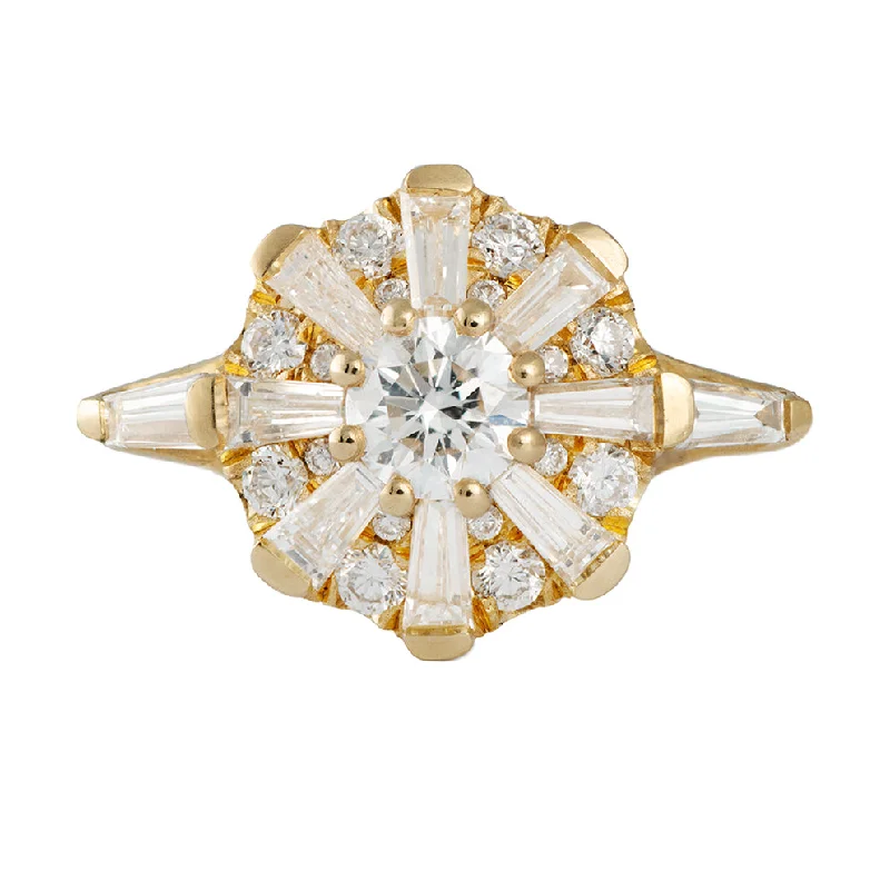 The Sun Temple Ring with Tapered Baguette Diamonds Halo