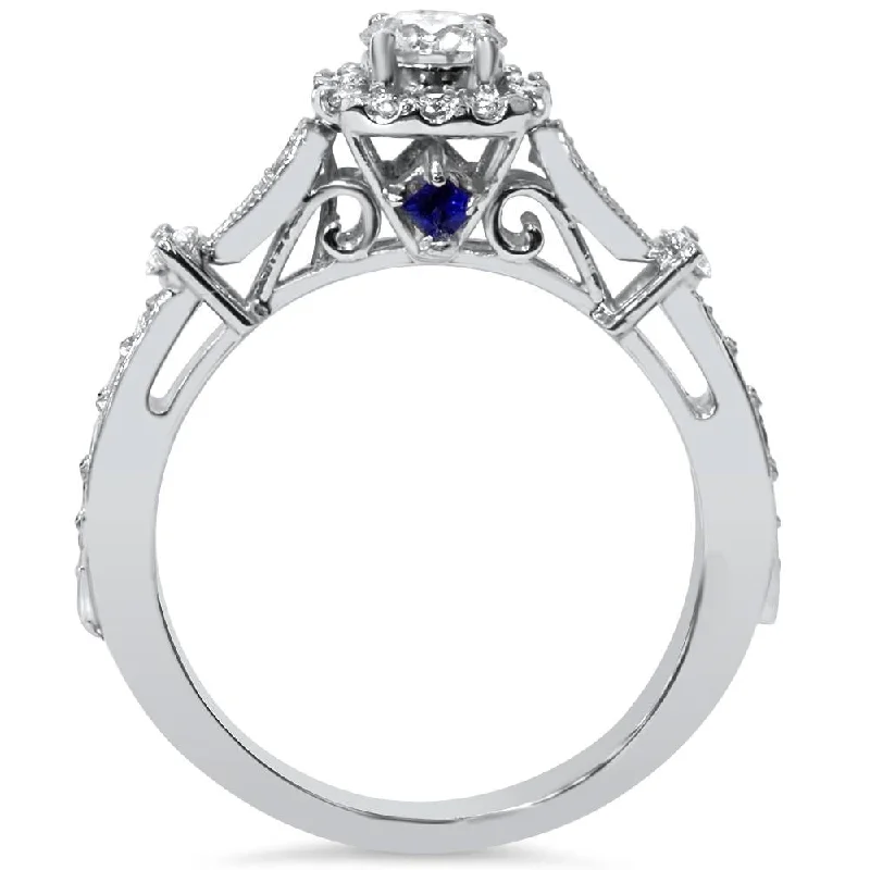 Verona 1ct Cushion Halo Diamond & Blue Sapphire Engagement Ring White Gold