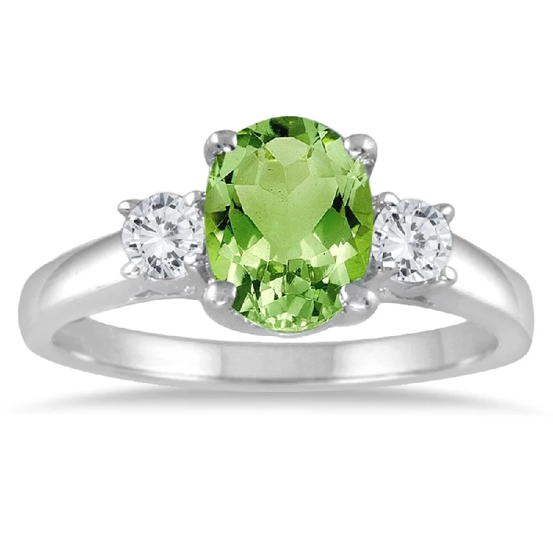 1 3/4 Carat Peridot and Diamond Three Stone Ring 14K White Gold