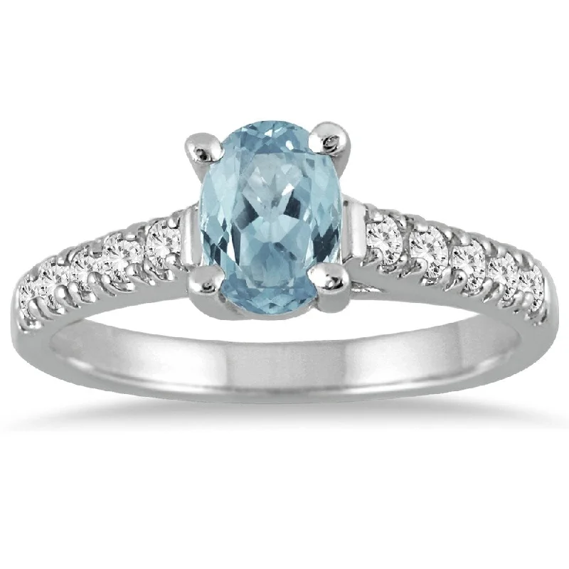 1 Carat Oval Aquamarine and Diamond Ring in 14K White Gold