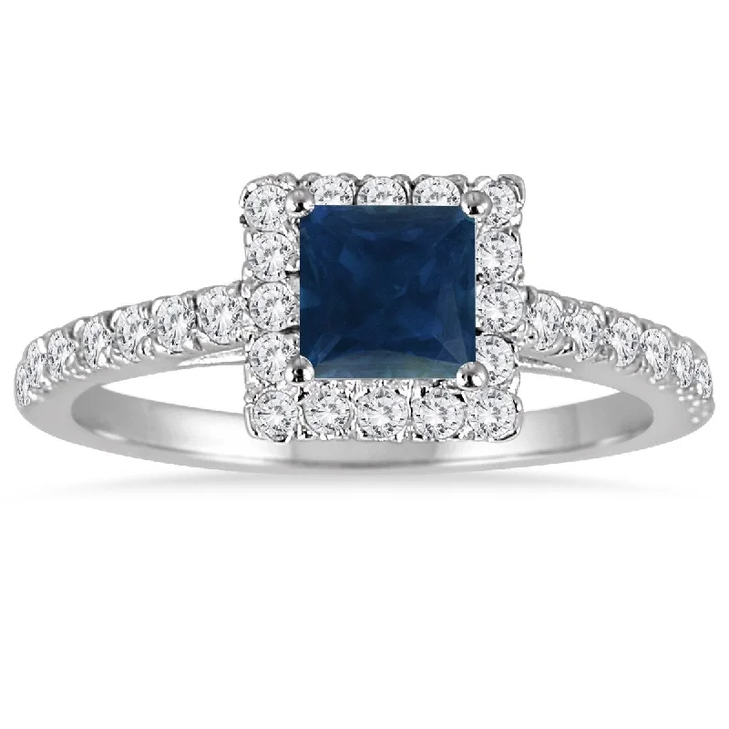 1 Carat TW Princess Cut Genuine Sapphire and Diamond Halo Engagement Ring in 14K White Gold