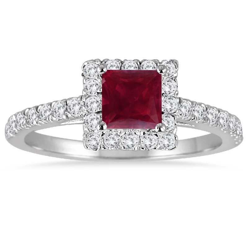 1 Carat TW Princess Cut Ruby and Diamond Halo Engagement Ring in 14K White Gold