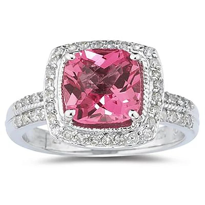 2 1/2 Carat Cushion Cut Pink Topaz & Diamond Ring in 14K White Gold